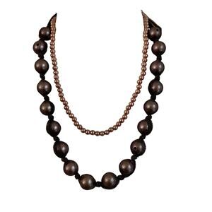 Layered Beaded Necklace with Mesh and Faux Pearl Details Brown